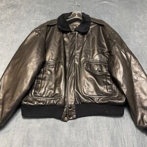 Vintage Windcrest Bomber Jacket Men Large Black Leather Shearling Lined Full Zip